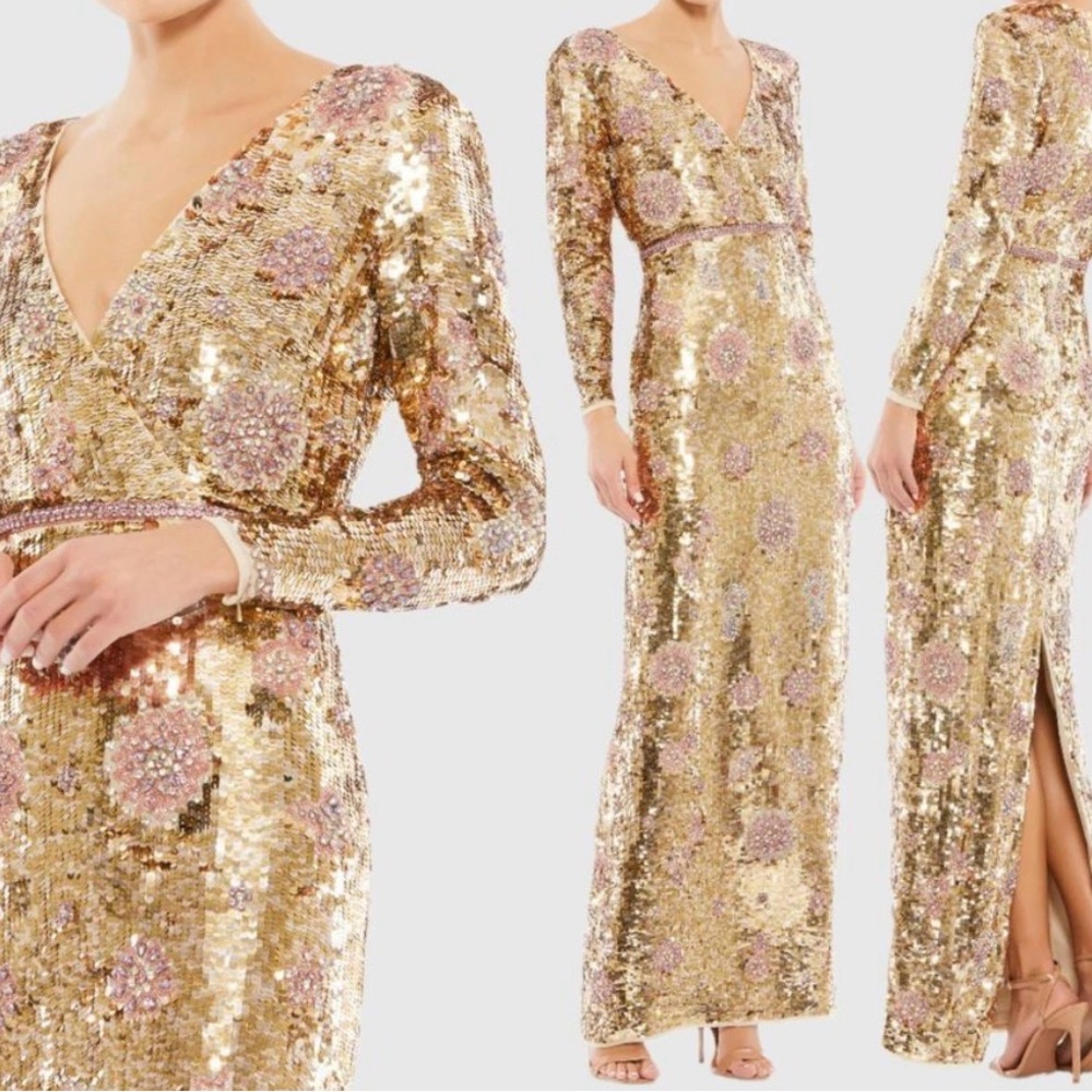 Mac Duggal Gold Sequin Gown with Pink Floral Beading
